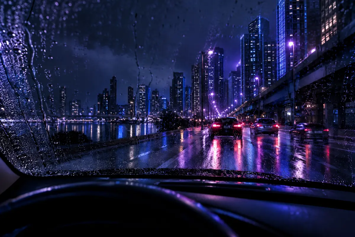 雨の夜の都会を走るR&Bイメージ